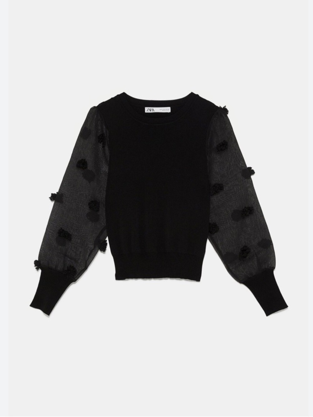 Zara Black Puff-Sleeve Pom Pom Sweater SZ L